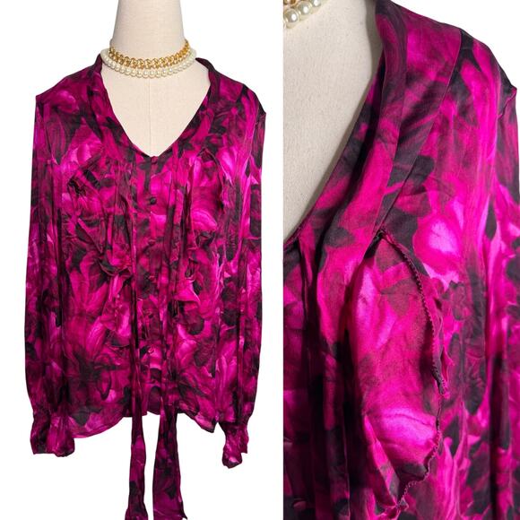Anne Klein 100% silk floral button down poets blouse magenta pink black size 12 - Picture 1 of 7